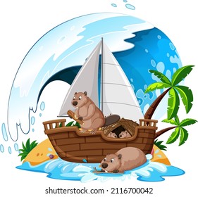 Beavers on sailboat with ocean wave illustration