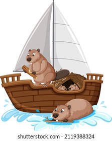 Beavers on a ship in cartoon style illustration