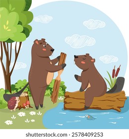 beavers on the shore, cute beavers, beaver on a log, tree, woody, forest, forest friends, hedgehog and beavers, stump, flowers, forest glade, summer, warm