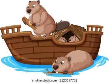 Beavers on wooden boat in cartoon style illustration