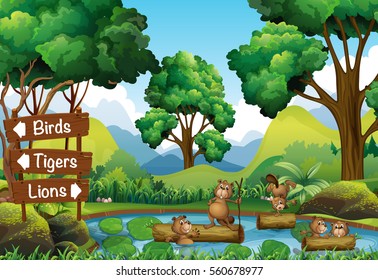 Beavers in the pond and signs for other animals illustration