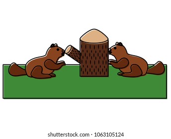 beavers with trunk tree scene