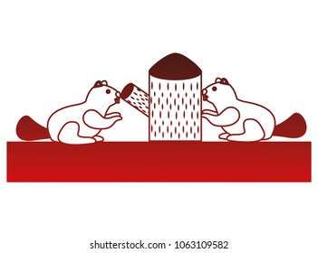 beavers with trunk tree scene