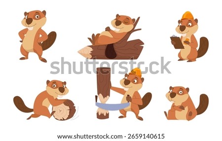 Beavers. Wild forest animals working with wood exact vector cartoon beavers