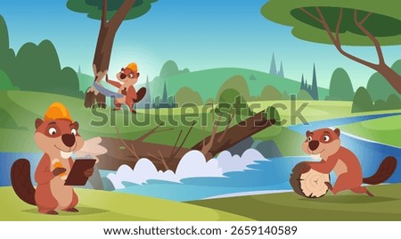 Beavers working. Cartoon wild animals beavers building a dam exact vector background outdoor illustration