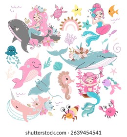 Beaytiful set with mermade, whale, sea ​​inhabitants  and flowers on a pink background. Doodle boho style. Design for kids. Vector illustration