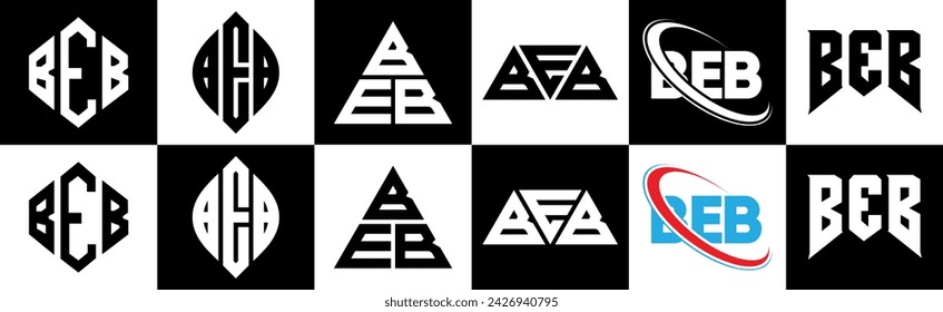 BEB letter logo design in six style. BEB polygon, circle, triangle, hexagon, flat and simple style with black and white color variation letter logo set in one artboard. BEB minimalist and classic logo