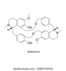 Bebeerine skeletal structure.Alkaloid compound schematic illustration. Simple diagram, chemical formula.