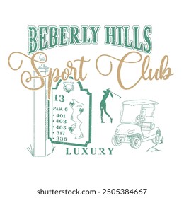 Dibujo de Beberly Hills para camiseta, ilustración golf