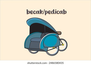 Becak o bicitaxi es un transporte tradicional de tres ruedas que transporta pasajeros y es manejado por un conductor de pedaleo. Ilustración vectorial