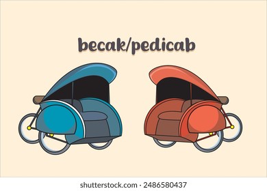 Becak o bicitaxi es un transporte tradicional de tres ruedas que transporta pasajeros y es manejado por un conductor de pedaleo. Ilustración vectorial