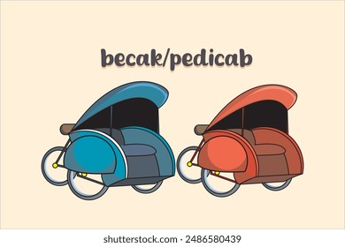 Becak o bicitaxi es un transporte tradicional de tres ruedas que transporta pasajeros y es manejado por un conductor de pedaleo. Ilustración vectorial