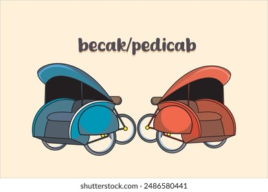 Becak o bicitaxi es un transporte tradicional de tres ruedas que transporta pasajeros y es manejado por un conductor de pedaleo. Ilustración vectorial