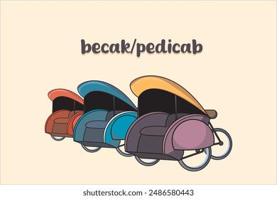 Becak o bicitaxi es un transporte tradicional de tres ruedas que transporta pasajeros y es manejado por un conductor de pedaleo. Ilustración vectorial