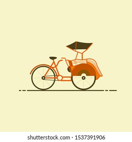 Becak or rickshaw or tricycle or pedicab vector illustration in flat style.  The traditional vehicle public transportation of Indonesia. Vintage transportation in Yogyakarta or Java, Indonesia