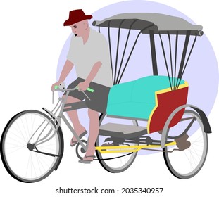 Becak es un medio de transporte de tres ruedas que se encuentra comúnmente en Indonesia y en partes de Asia. 