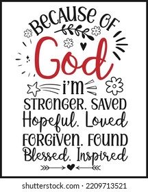 Because of God I am stronger. Christian Sayings and Bible Verse. Christian Quotes Hand Lettering Scripture Quote. Best For Christian Poster, T shirt, Banner, Wall Art, Print Media