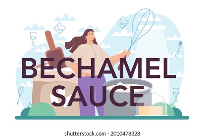 Bechamel sauce typographic header. Tasty lasagna, italian delicious cuisine on the plate. People cooking cheese and meat meal for dinner or lunch. Isolated flat vector illustration