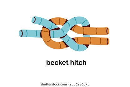 Becket hitch, knot tied with rope. Double string, cord connection. Binding, intertwined wire, two cables for security, safety, fixing. Flat graphic vector illustration isolated on white background