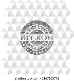 Beckon retro style grey emblem with geometric cube white background