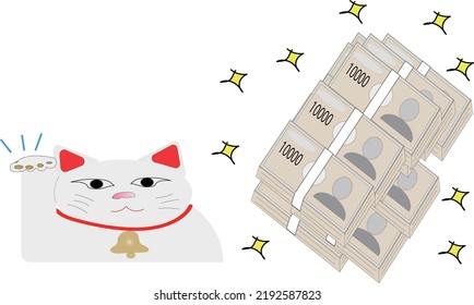 A beckoning cat and a large amount of banknotes