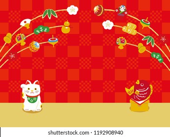 Beckoning cat and red snapper and lucky charm background for New Year's Day.