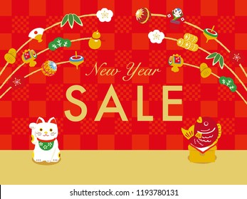 Beckoning cat and red snapper and lucky charm for New Year sale poster.