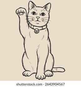 Beckoning Esboço de gato, Vintage japonês monocromático linha arte