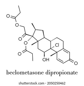 Beclometasone Dipropionate Glucocorticoid Drug Molecule. Prodrug Of Beclometasone. Used In Prophylaxis Of Asthma And Treatment Of Inflammatory Skin Diseases Such As Eczema. Skeletal Formula.