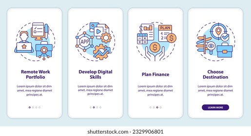 Werden Sie digitaler Nomad auf dem mobilen App-Bildschirm. Arbeiten Sie überall durch 4 Schritte bearbeitbare grafische Anleitungen mit linearen Konzepten. UI, UX, GUI-Vorlage. Myriad Pro-kühne, Standardschriftarten verwendet