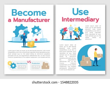 Become manufacturer brochure template. Use intermediary. Flyer, booklet, leaflet concept with flat illustrations. Vector page cartoon layout for magazine. advertising invitation with text space