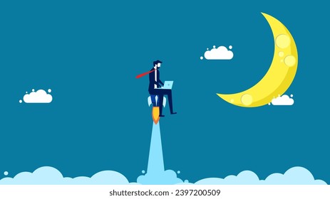 Become more skilled at work. Businessman working on laptop fast like a rocket