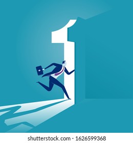 To become number one. Illustration of a manager entering a number one-shaped door