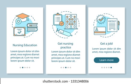 Become Nurse Onboarding Mobile App Page Screen, Linear Concepts. Nursing School, Courses Walkthrough Steps Graphic Instructions. Medical Education, Practice. UX, UI, GUI Vector Template, Illustrations