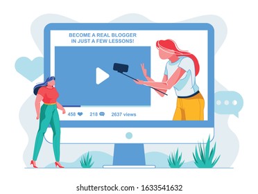 Become a Real Blogger in Just a Few Lessons, Slide. Video is Gaining Popularity and Collecting Comments on Monitor Screen. Girl Holds Selfie Stick in her Hands and Shoots herself on Video.