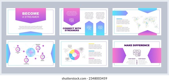 Become streamer presentation templates set. Content creating. Start streaming career. Professional gamer. Ready made PPT slides on white background. Graphic design. Arial, Myriad Pro fonts used