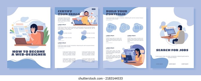 Become web designer flat vector brochure template. Booklet, leaflet printable flat color designs. Editable magazine page, reports kit with text space. Sigmar One, Balsamiq Sans, Comfortaa fonts used