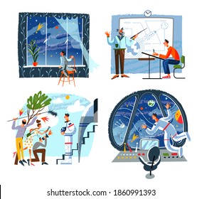 Becoming Astronaut Set. Kid Dreaming Of Cosmos, Man Training At Classroom, Interview Before Departure, Cosmonaut In Spaceship. Moon And Planet Travel Vector Illustration.