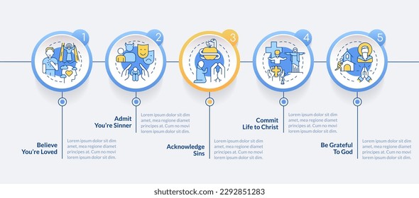 Becoming Christian reasons circle infographic template. Faith. Data visualization with 5 steps. Editable timeline info chart. Workflow layout with line icons. Lato-Bold, Regular fonts used