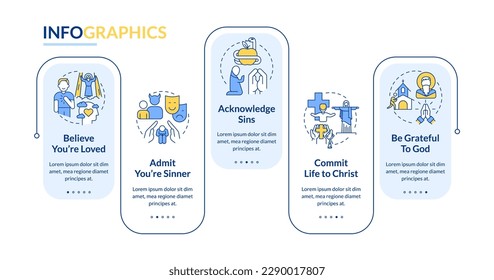 Becoming Christian rectangle infographic template. Faith. Data visualization with 5 steps. Editable timeline info chart. Workflow layout with line icons. Lato-Bold, Regular fonts used