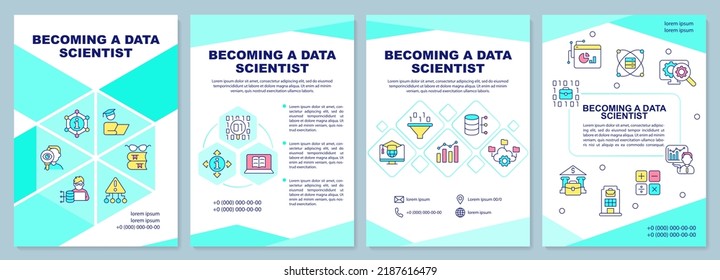 Becoming data scientist brochure template. It branch. Leaflet design with linear icons. Editable 4 vector layouts for presentation, annual reports. Arial-Black, Myriad Pro-Regular fonts used