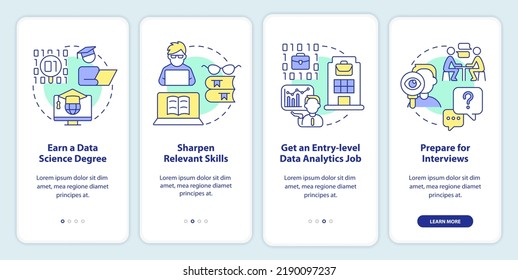 Becoming data scientist onboarding mobile app screen. Walkthrough 4 steps editable graphic instructions with linear concepts. UI, UX, GUI template. Myriad Pro-Bold, Regular fonts used
