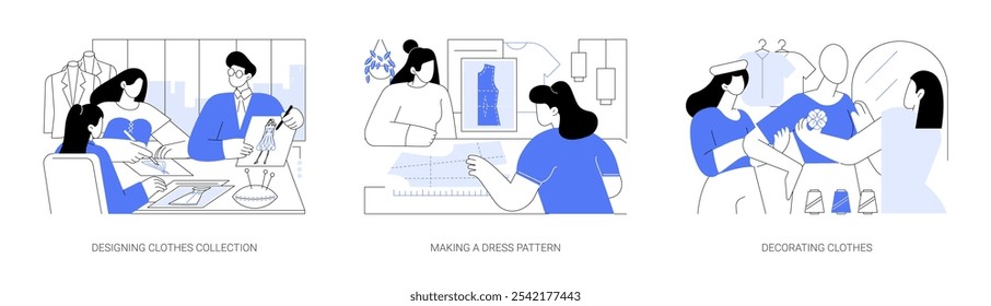 Convirtiéndose en un diseñador de moda aislado conjunto de Ilustraciones vectoriales de dibujos animados. Diseñar la colección de la ropa, hacer el patrón del vestido, empezando la marca de la ropa, decorando la ropa, añadiendo los detalles de la historieta del Vector.