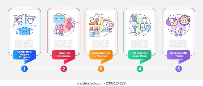 Becoming fashion designer rectangle infographic template. Data visualization with 5 steps. Editable timeline info chart. Workflow layout with line icons. Myriad Pro-Bold, Regular fonts used