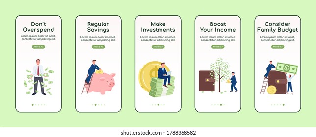 Becoming rich onboarding mobile app screen flat vector template. Savings and investments. Walkthrough website steps with characters. UX, UI, GUI smartphone cartoon interface, case prints set