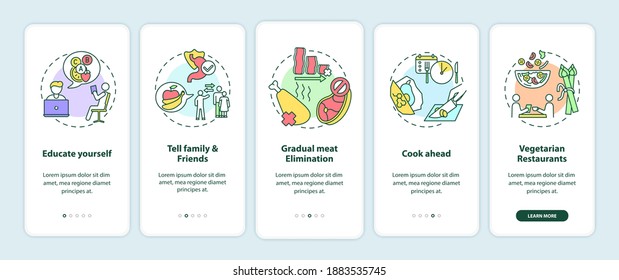 Becoming a vegetarian tips onboarding mobile app page screen with concepts. Vegeterian advices walkthrough 5 steps graphic instructions. UI vector template with RGB color illustrations