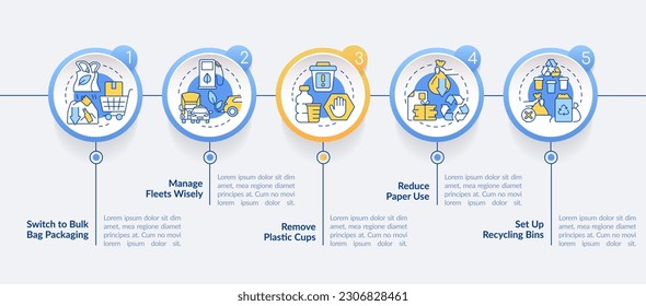 Becoming zero waste brand circle infographic template. Recycling bins. Data visualization with 5 steps. Editable timeline info chart. Workflow layout with line icons. Lato-Bold, Regular fonts used