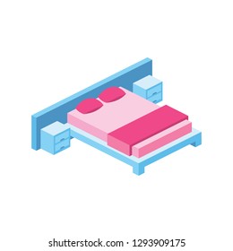 Bed 3d vector icon isometric pink and blue color minimalism illustrate