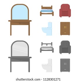 A bed, an armchair, a toilet, a wardrobe.FurnitureFurniture set collection icons in cartoon,monochrome style vector symbol stock illustration web.