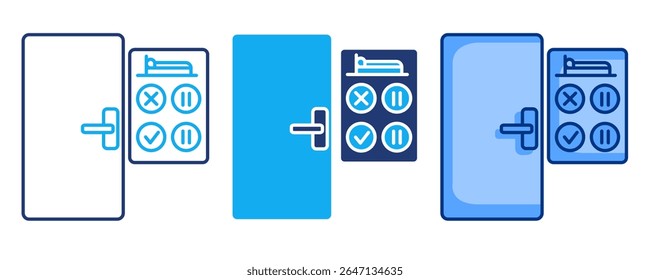 Bed availability icon represented by door, bed, correct sign, false sign, pause sign Blue, Dualline, Dualtone style.